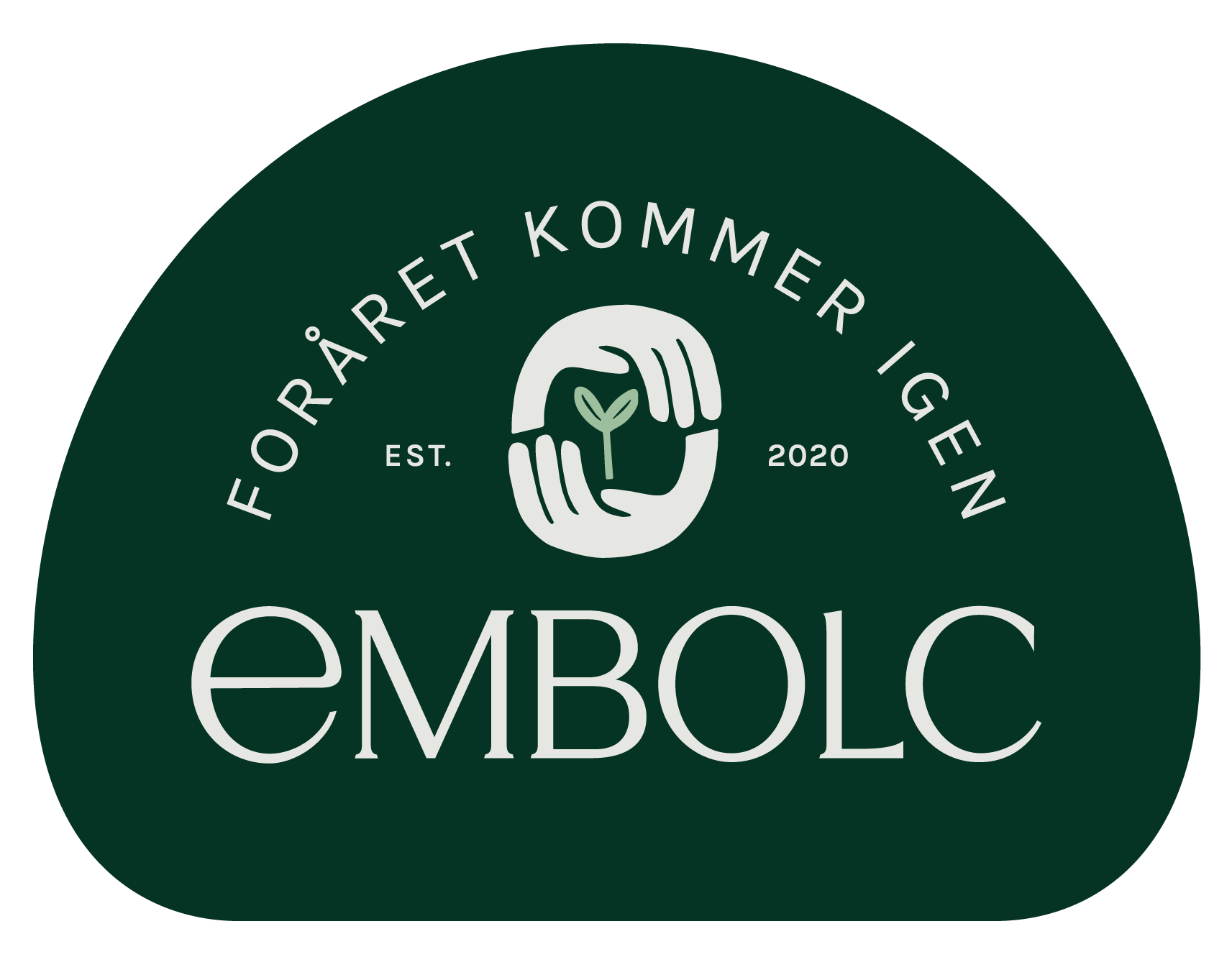 Embolc's logo hvorpå der står Foråret kommer igen og Embolc med nogle hænder som holder en plante